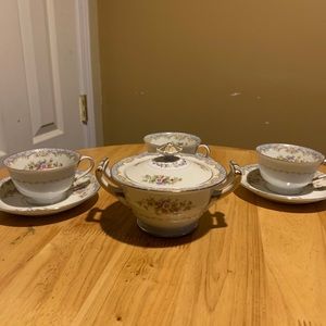 Vintage Noritake Posey Design Sugar Bowl Plus 3 Cups and Saucers
